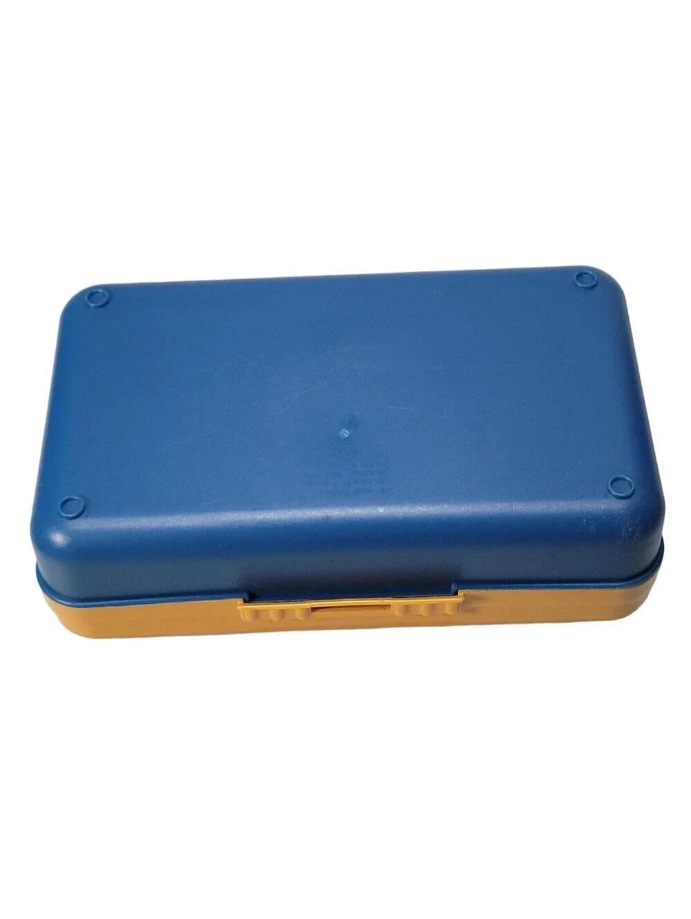 Vintage 90s Spacemaker Hard Pencil Case Box Mustard Top Frosted Teal/Navy Bottom